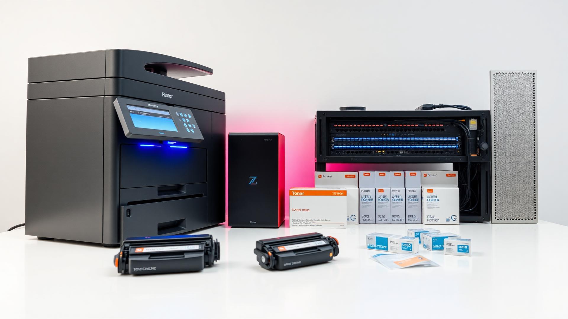 Office printer, networking rack and toner cartridges